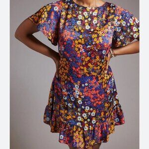 Anthropologie satin floral tie back mini dress